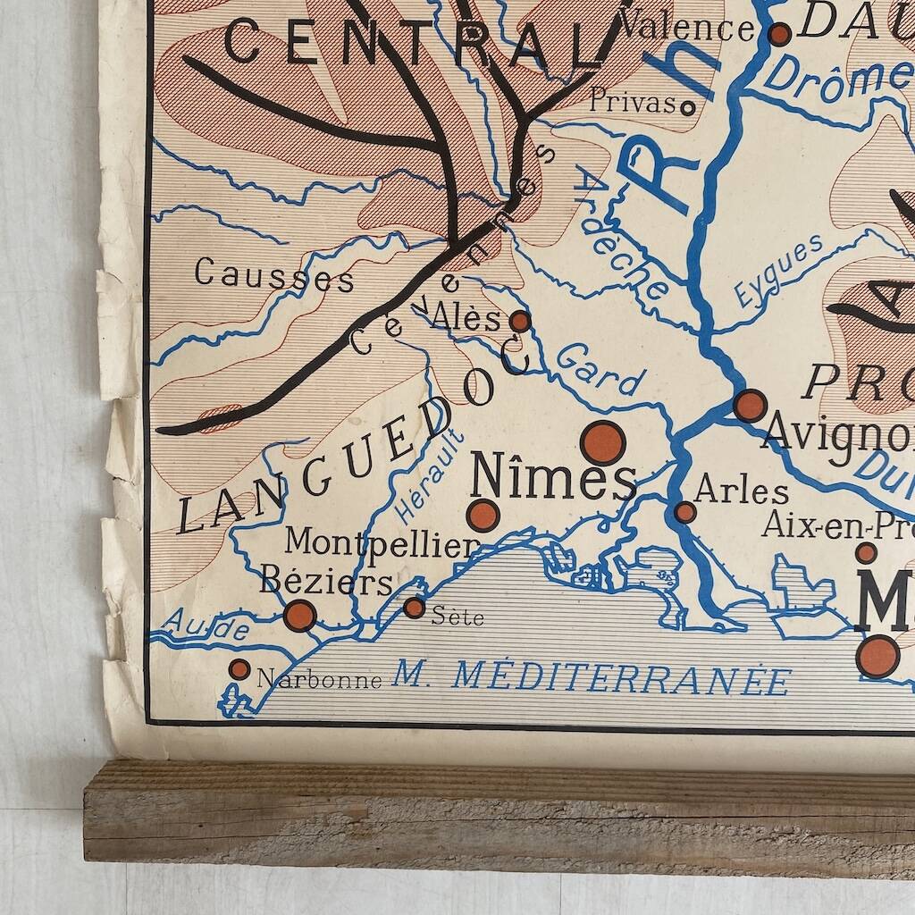 Vintage school map 1950 double-sided "The Garonne / the Rhône"