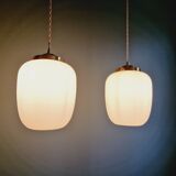 Pair of Scandinavian pendant lights in white satin glass, 1960s