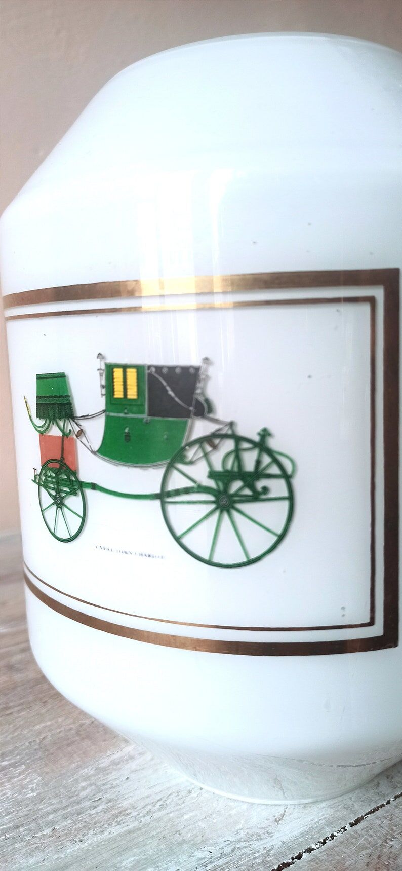 Chandelier luminaire, white opaline with vintage classic car patterns