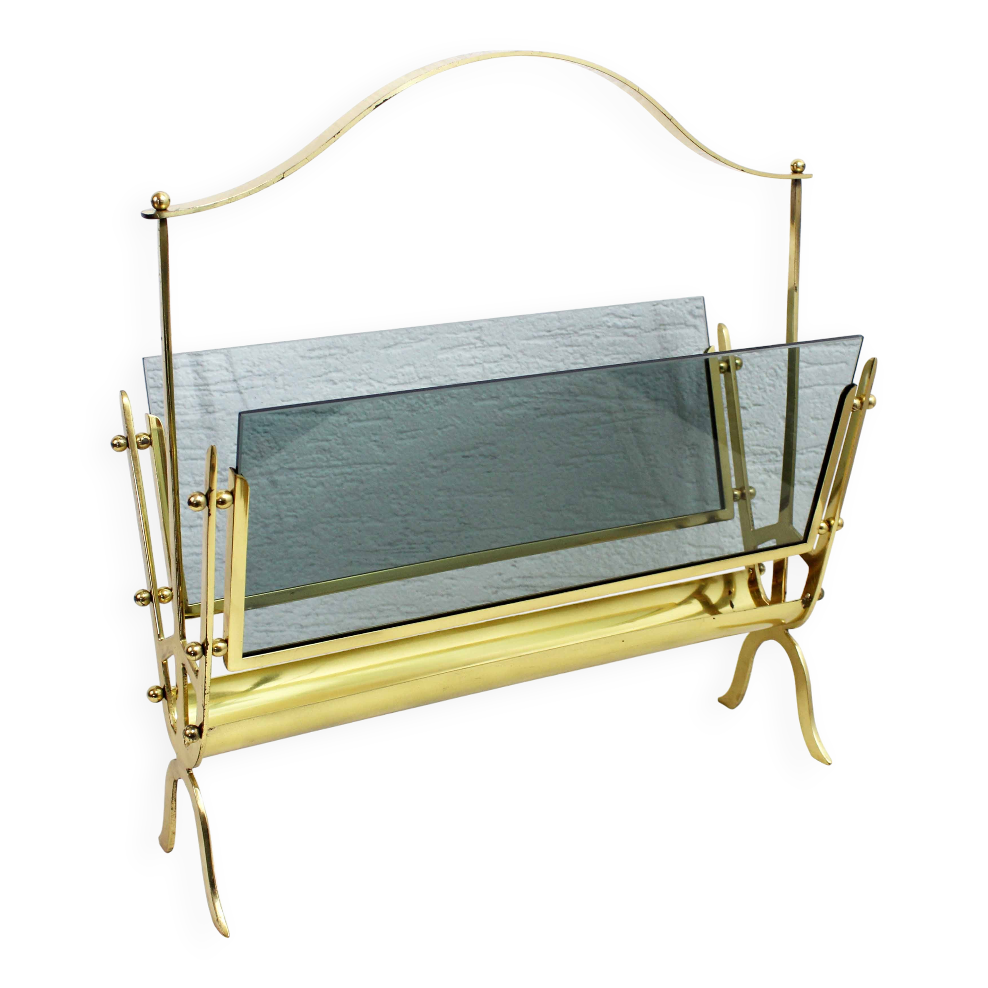 Glass and brass magazine rack, 1970s