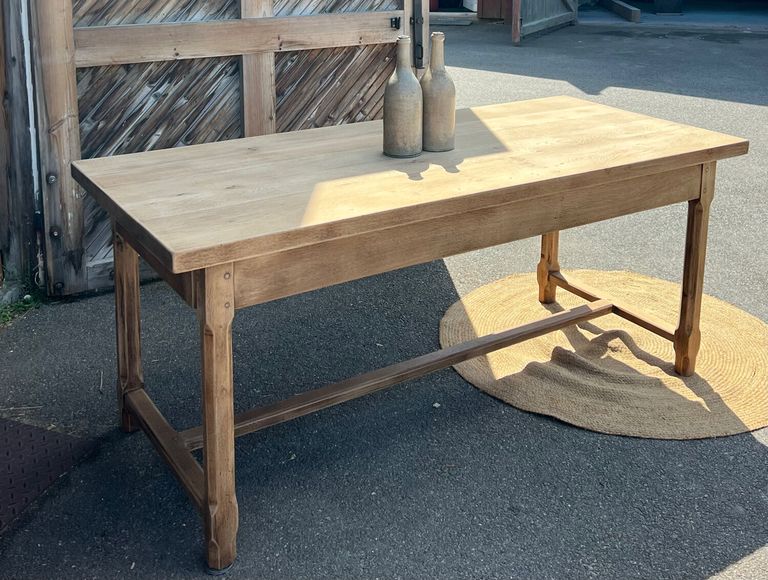 Large renovated antique table with 2 extensions in raw solid oak.
