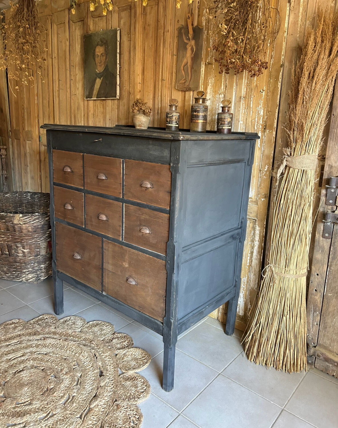 Old workshop drawer unit with a folding top.