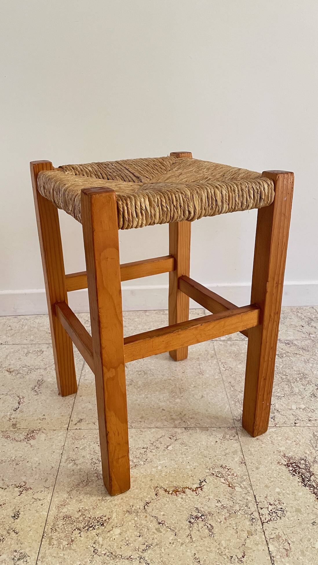 Pair of vintage wooden and straw stools
