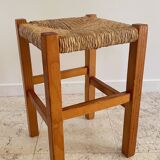 Pair of vintage wooden and straw stools