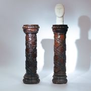 2 wooden pedestals column with Hand-Carved Grapevine Motif, France 1950s
