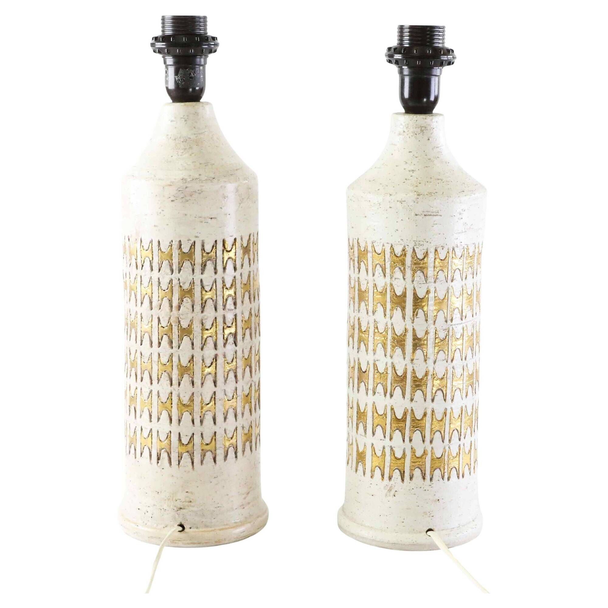 Pair of Bergboms ivory enamelled desk lamps and gilded ceramic Sweden 960
