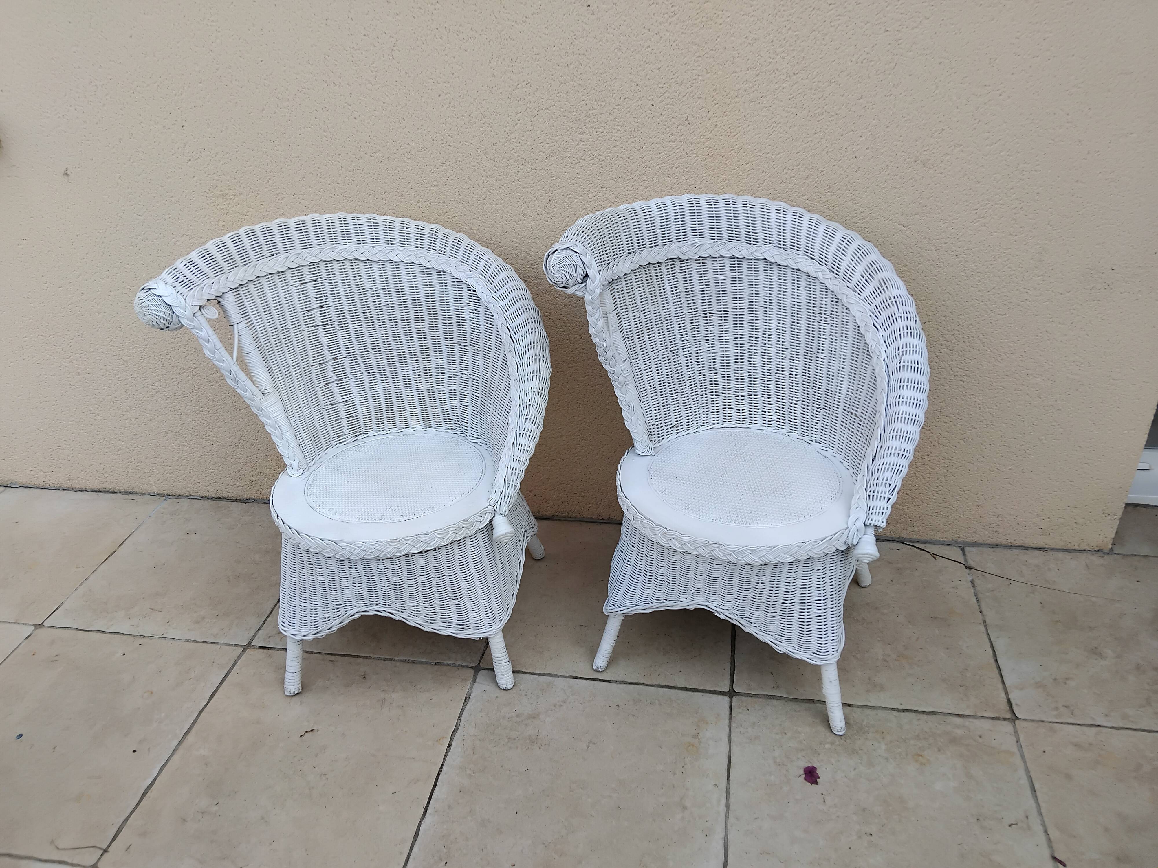 Pair of vintage art deco white rattan wicker armchairs