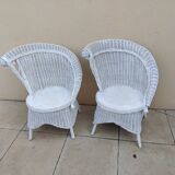 Pair of vintage art deco white rattan wicker armchairs