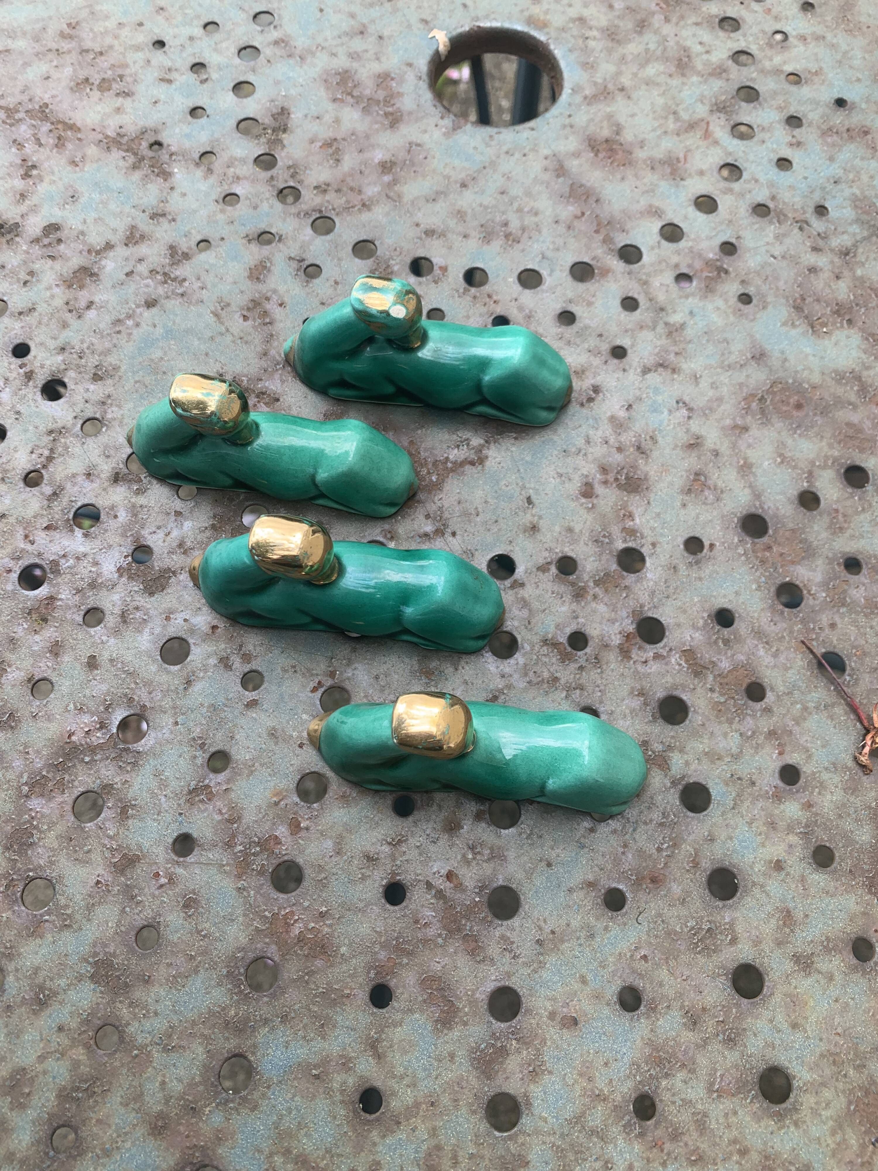 4 knife holders the deer in green and gold glazed ceramic art deco