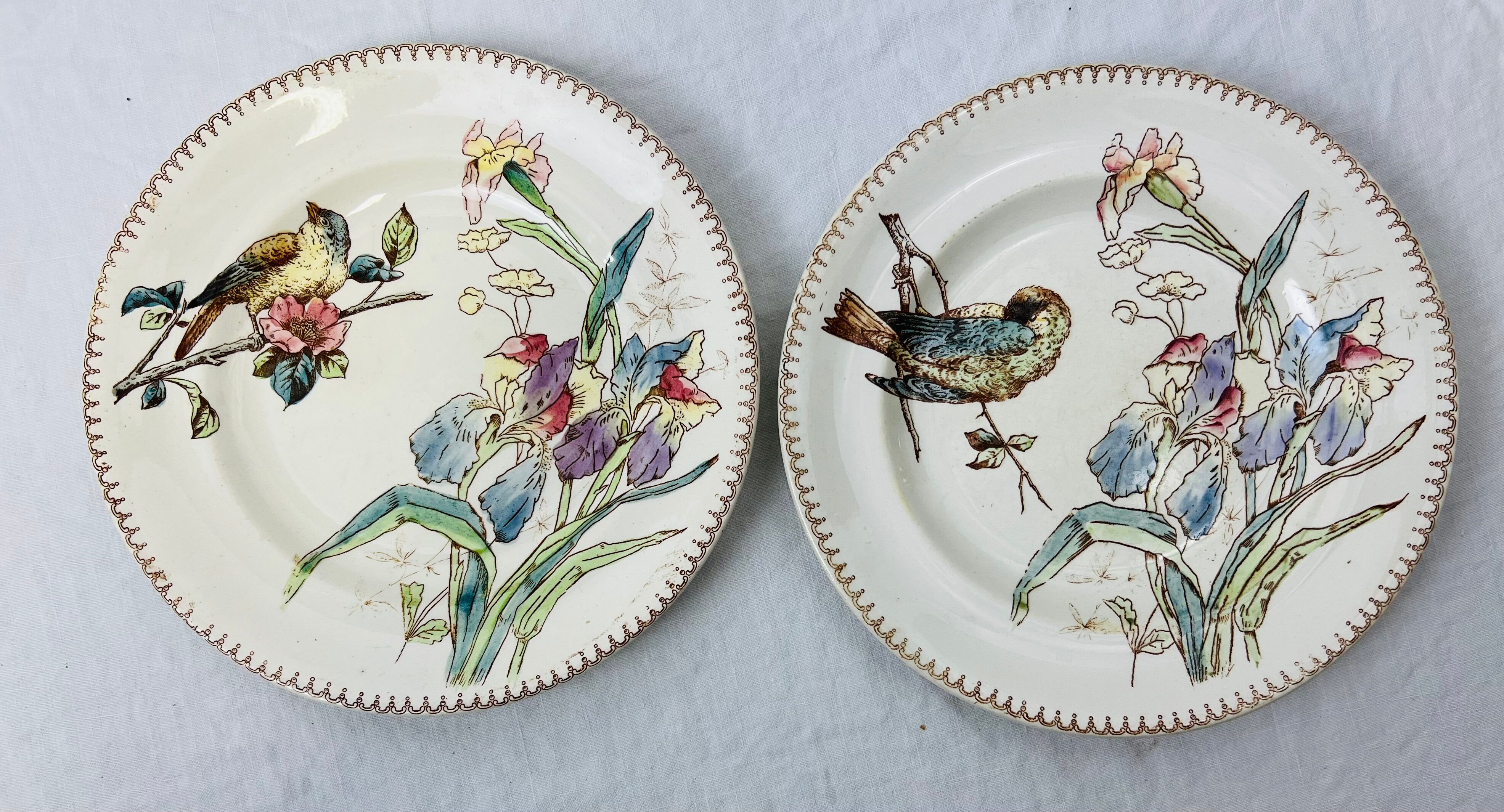 2 Art Nouveau polychrome plates signed Longwy Oiseau and Iris