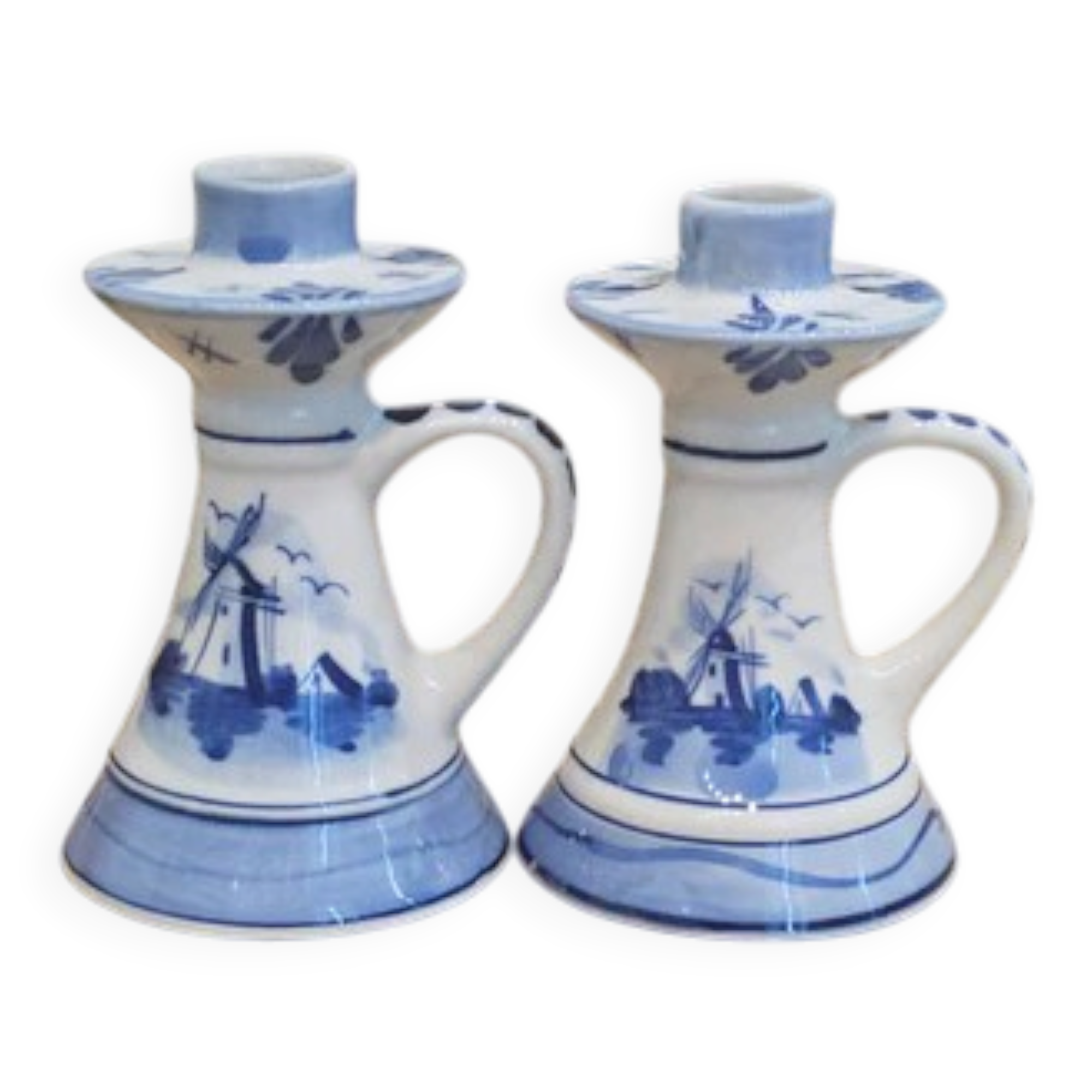 2 bougeoirs vintage en faïence bleue de Delft à anses - décor moulin