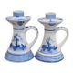 2 bougeoirs vintage en faïence bleue de Delft à anses - décor moulin