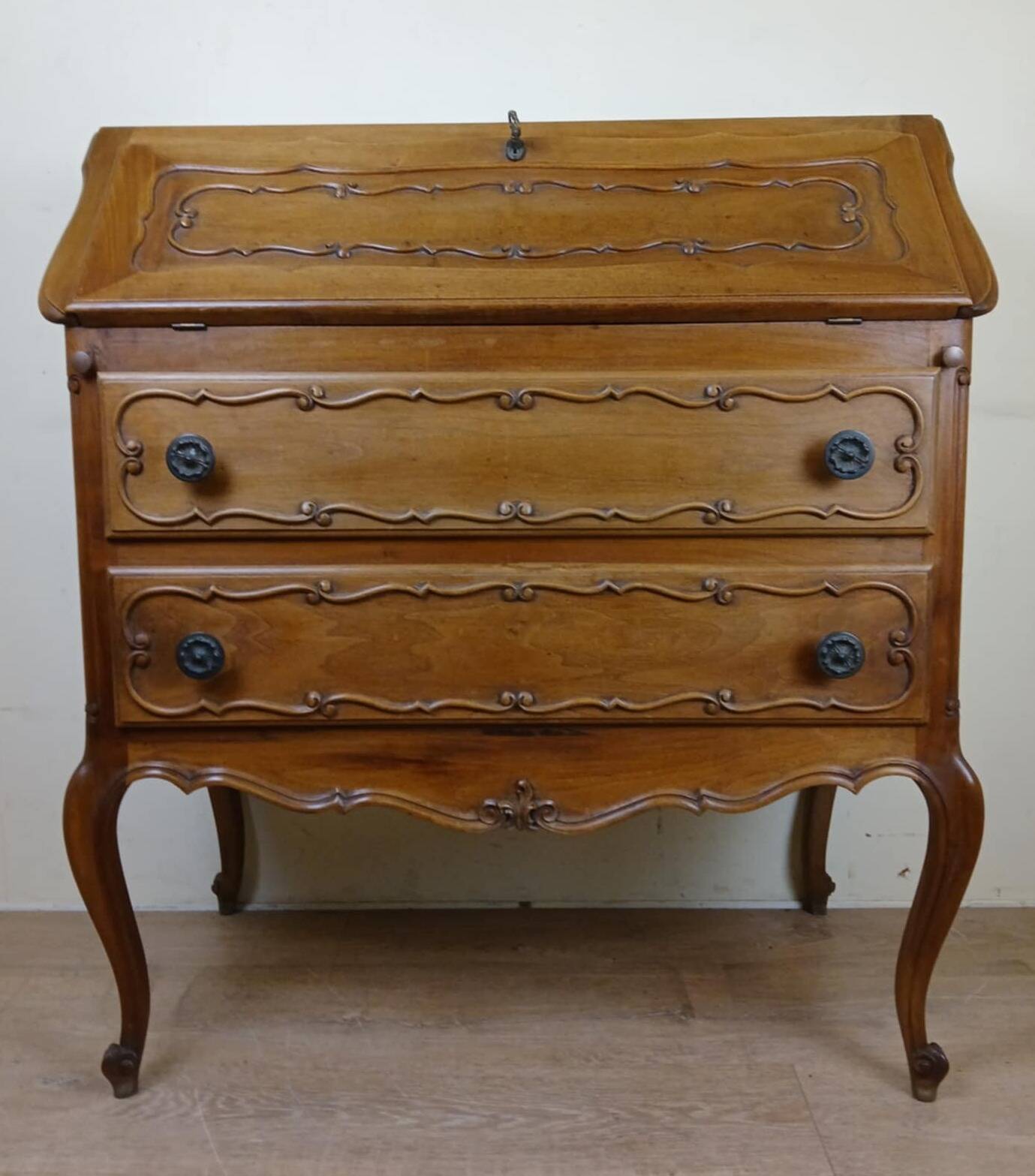 Louis XV Baroque scriban chest of drawers in solid wood, 20th century