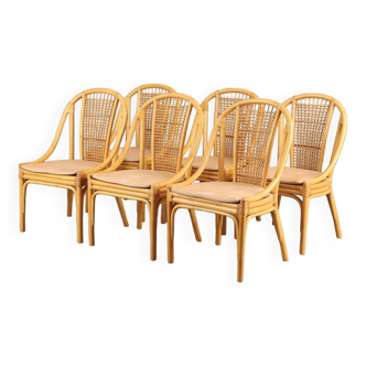 6 chaises rotin de dux assise cuir 1960 suede