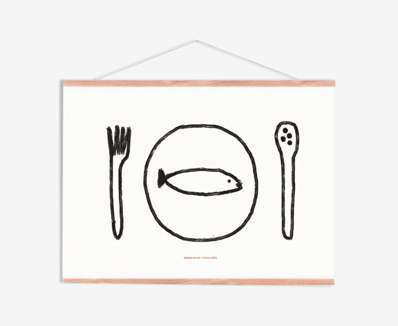 Affiche murale avec assiette couvert et poisson pour la cuisine 40cm*30cm