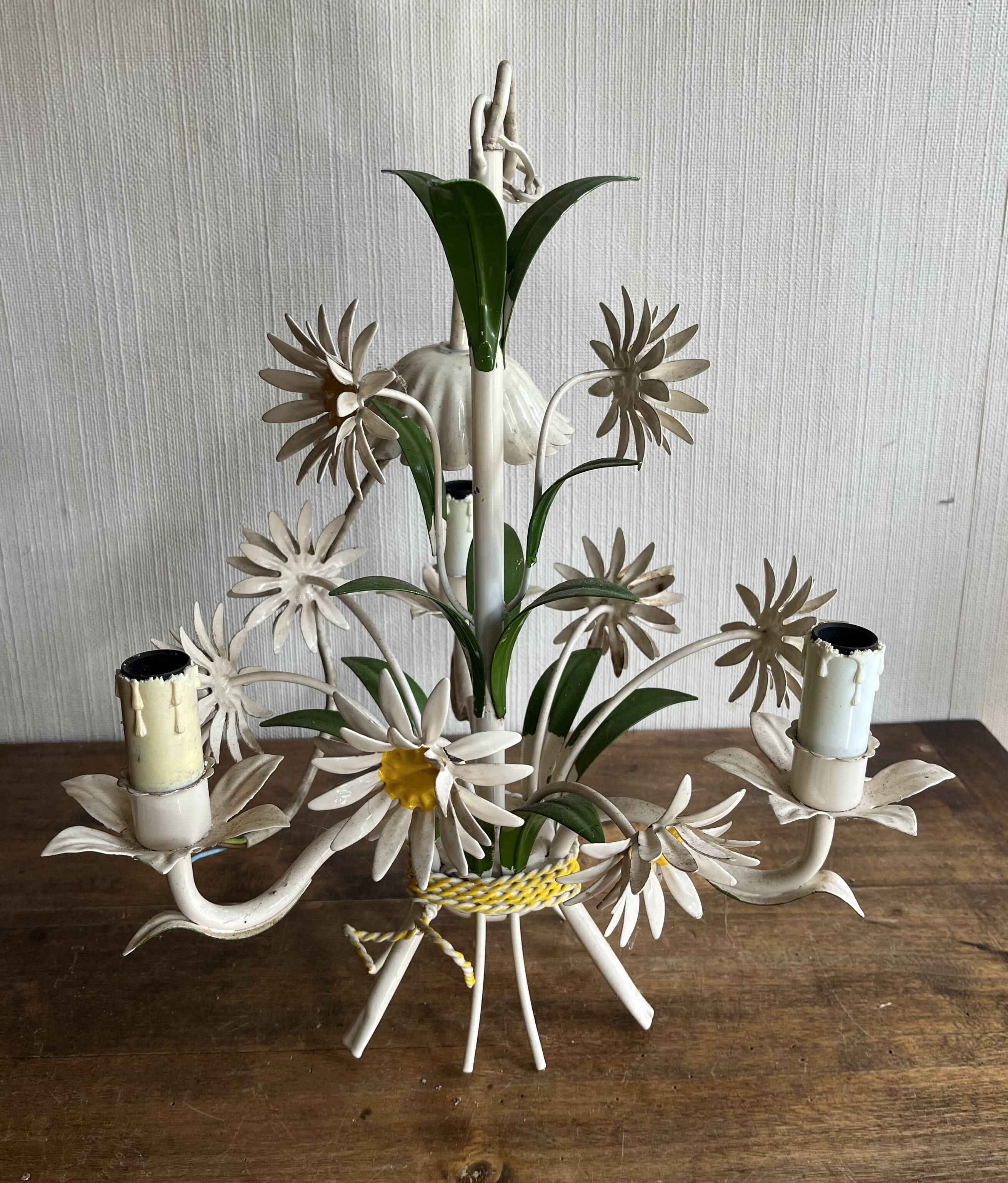 Sheet metal chandelier with daisy masks, 3 branches.