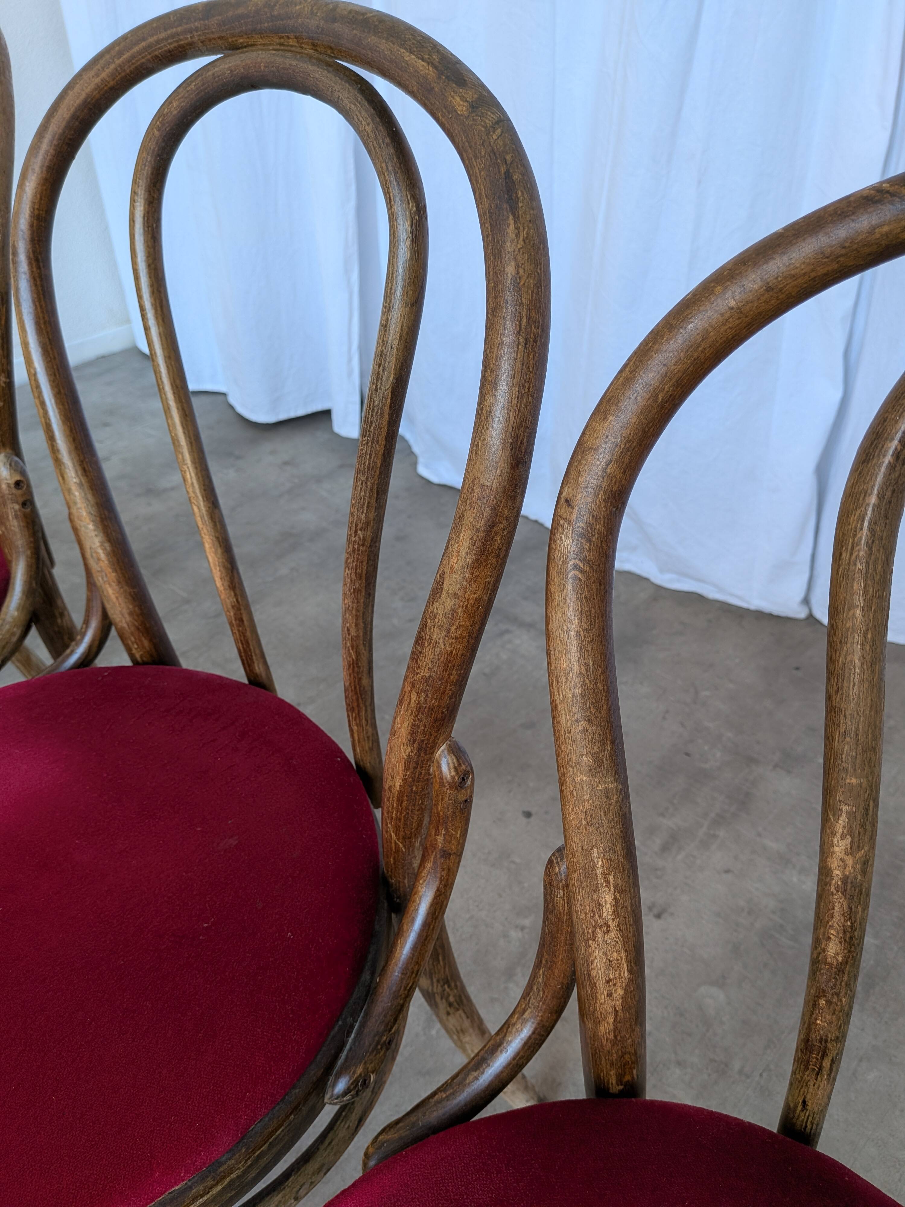 Set of 4 Vintage Bentwood Bistro Chairs, Red Upholstery