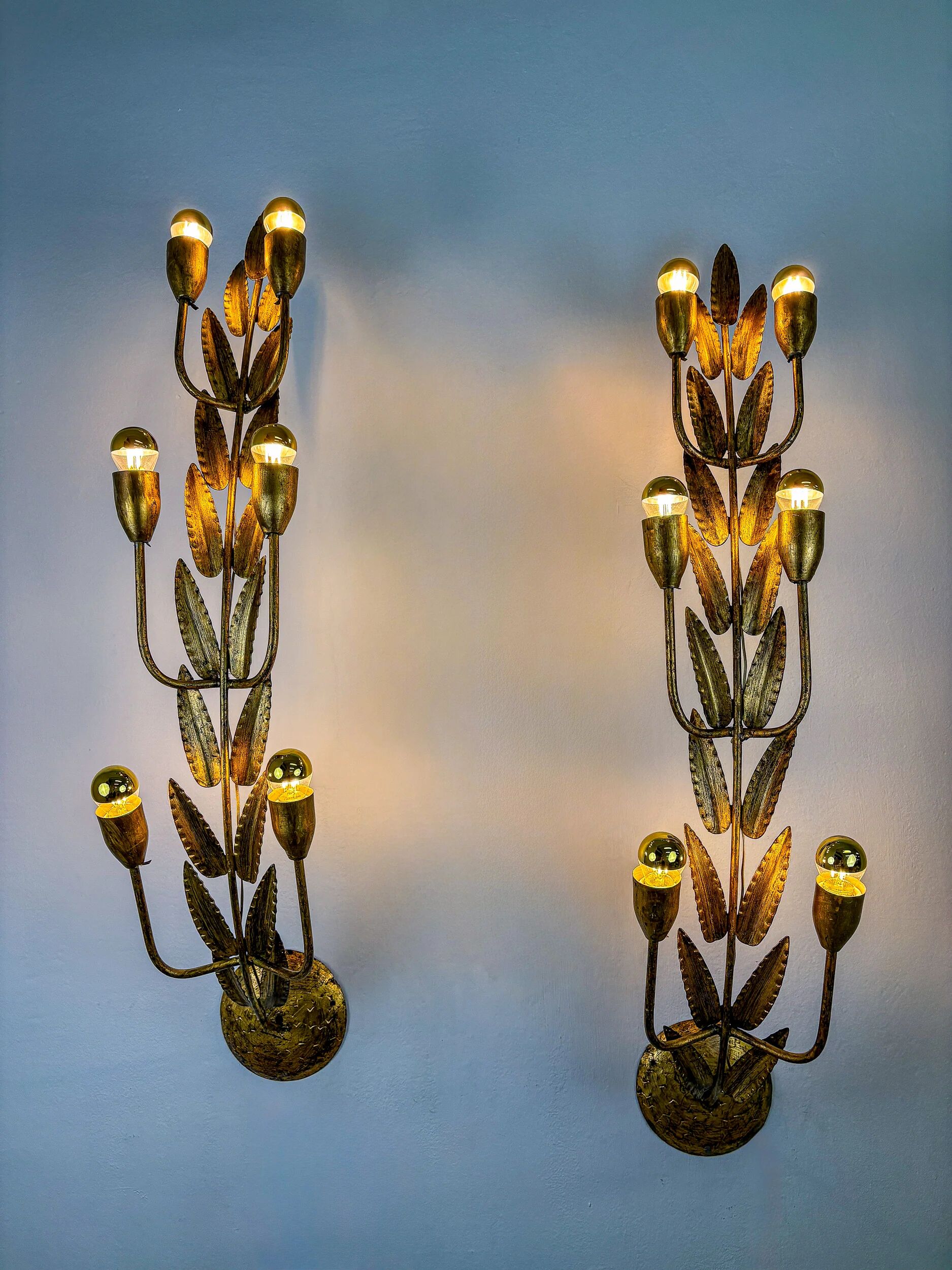 Pair of gilded floral wall lights by Ferro Arte, XL size, Spain, 1960s