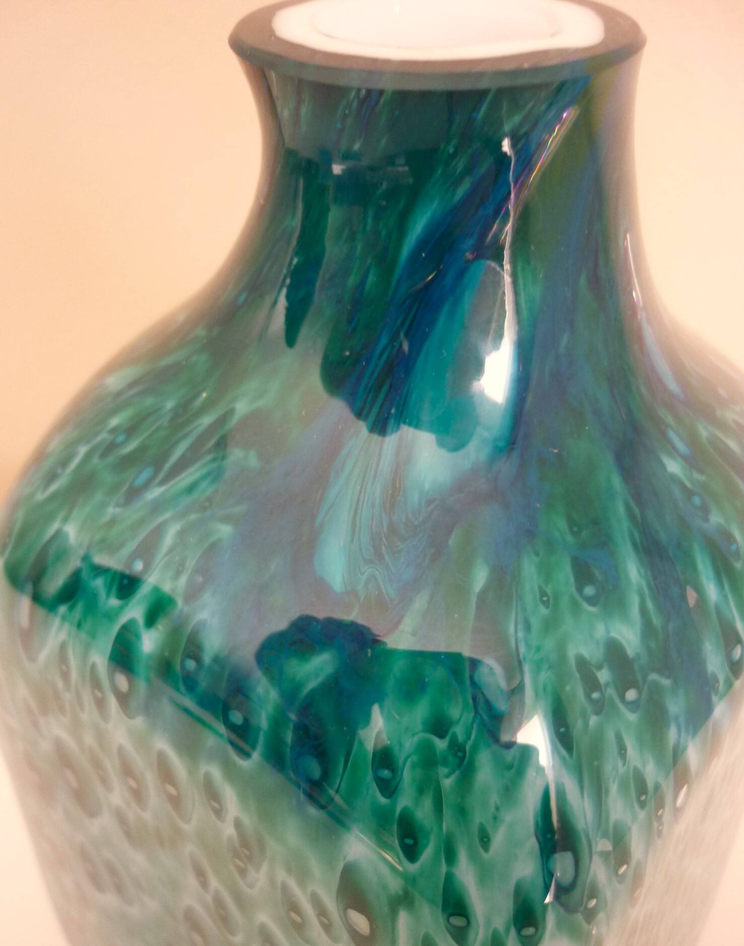 White multi-layer blown glass bottle vase with blue and green inclusions