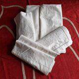 Antique hand embroidered linen 1 sheet 2 pillowcases 1 bolster cover