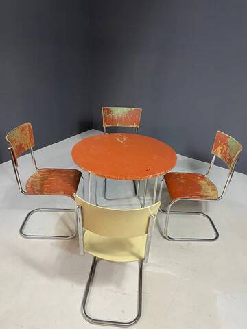 Ensemble de salle à manger chromé par Robert Slezák, années 1930, état d'origine avec patine
