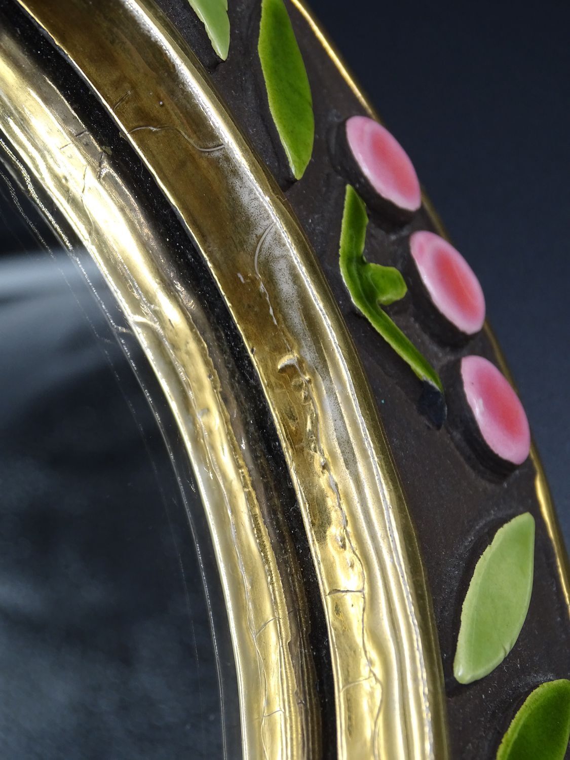 Small round mirror in earthenware- Cherry enamelled decoration - circa 1970