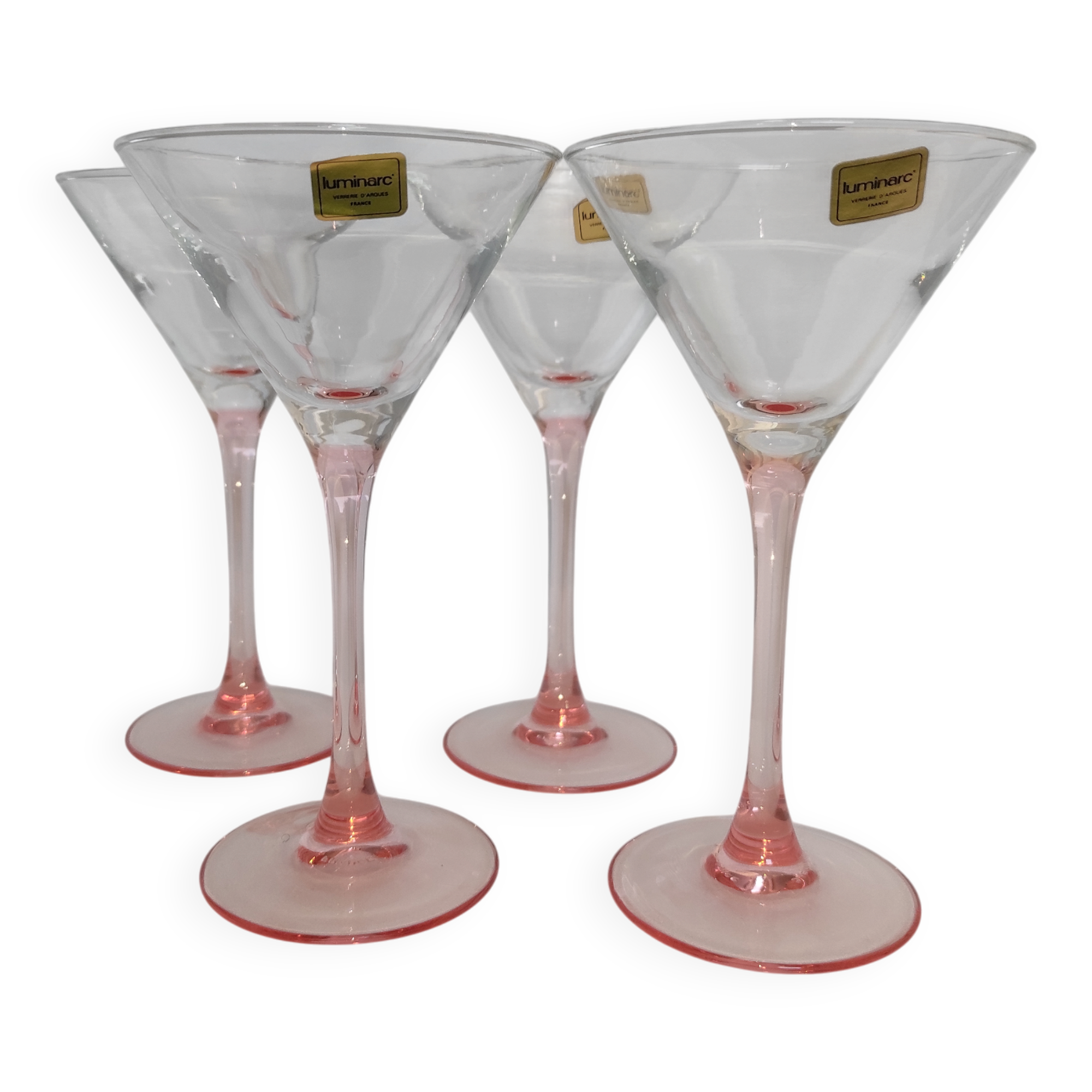Set of 4 Luminarc Cocktail glasses with pink stems, original label from 1980.
