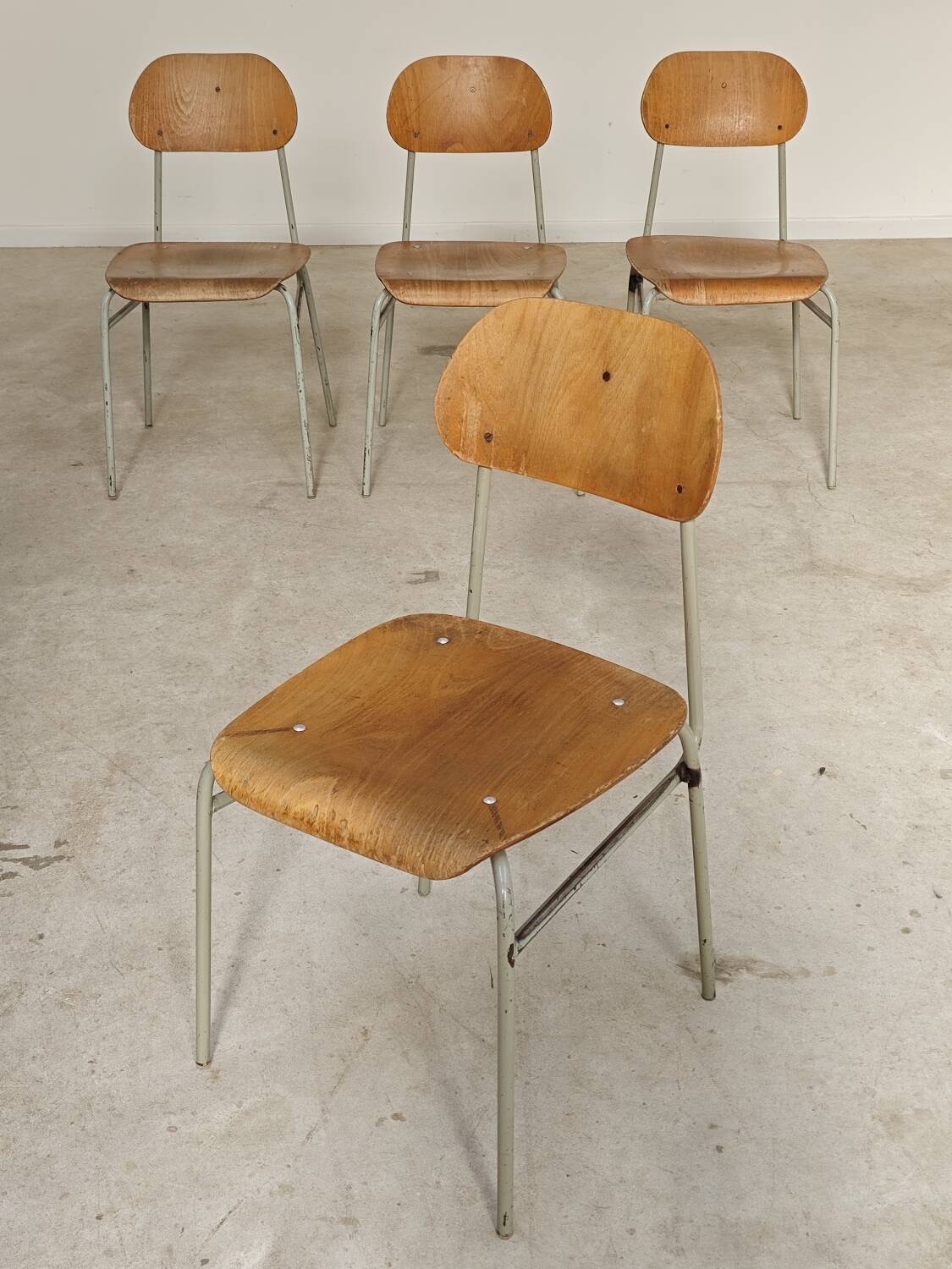 Set of 4 metal and wood school chairs, former Czechoslovakia, 1960.