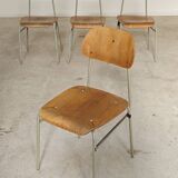 Set of 4 metal and wood school chairs, former Czechoslovakia, 1960.