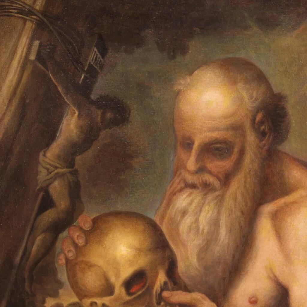 Antique religious painting from the 17th century, Saint Jerome