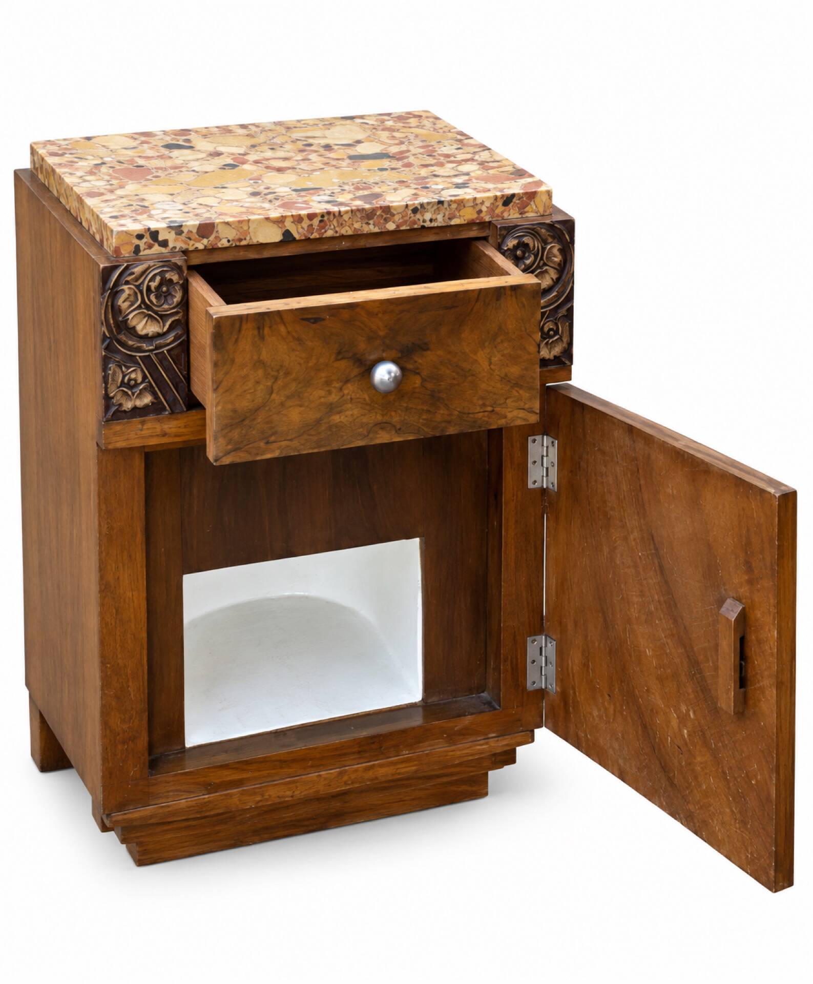Ensemble coiffeuse 1930 Art Déco en Noyer avec dessus marbre et chevet