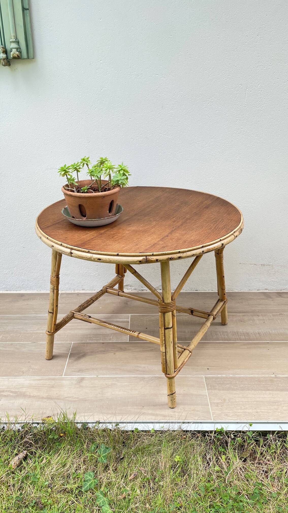 Round coffee table rattan and oak vintage