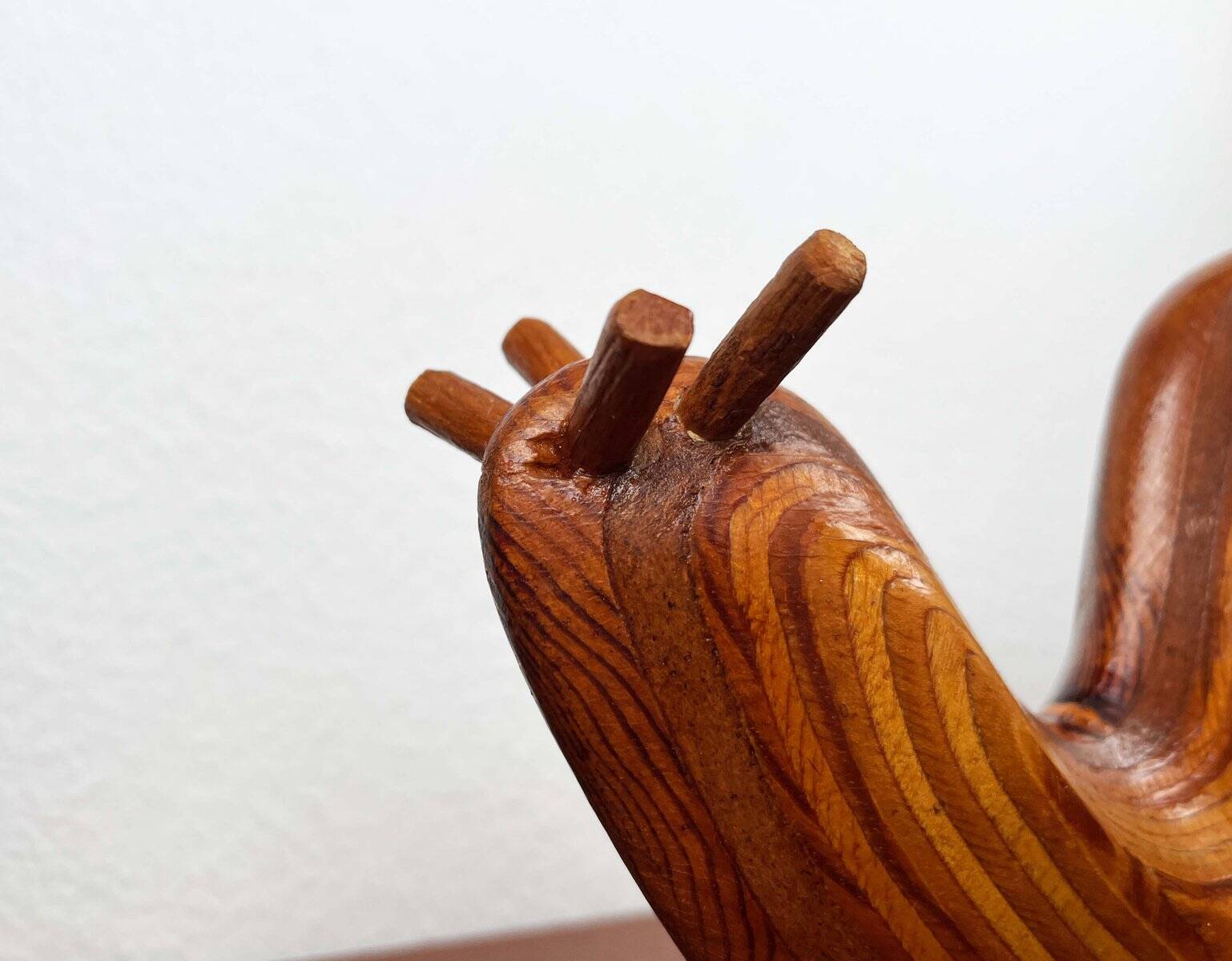 Large Danish carved wooden snail sculpture from the mid-century, 1960s.