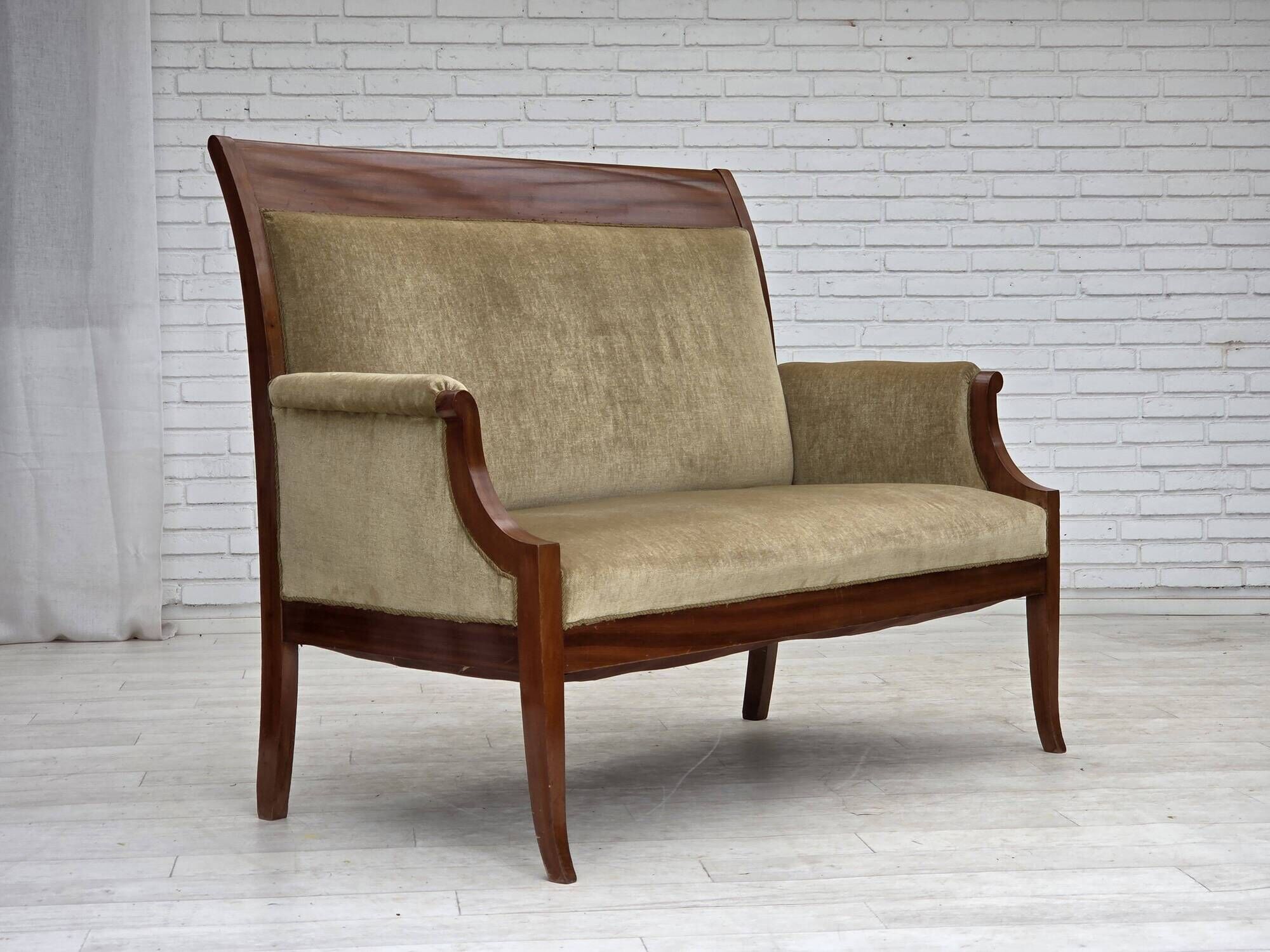 1950s, 2 seater Danish highback sofa, furniture velour, laqered teak wood.