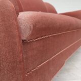 1950s, Danish 2-seater sofa, salmon pink furniture velour, oak wood legs.