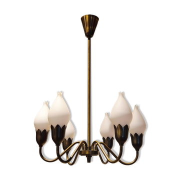 Lustre "Tulipe" en laiton et verre de Fog and Morup, Danemark.