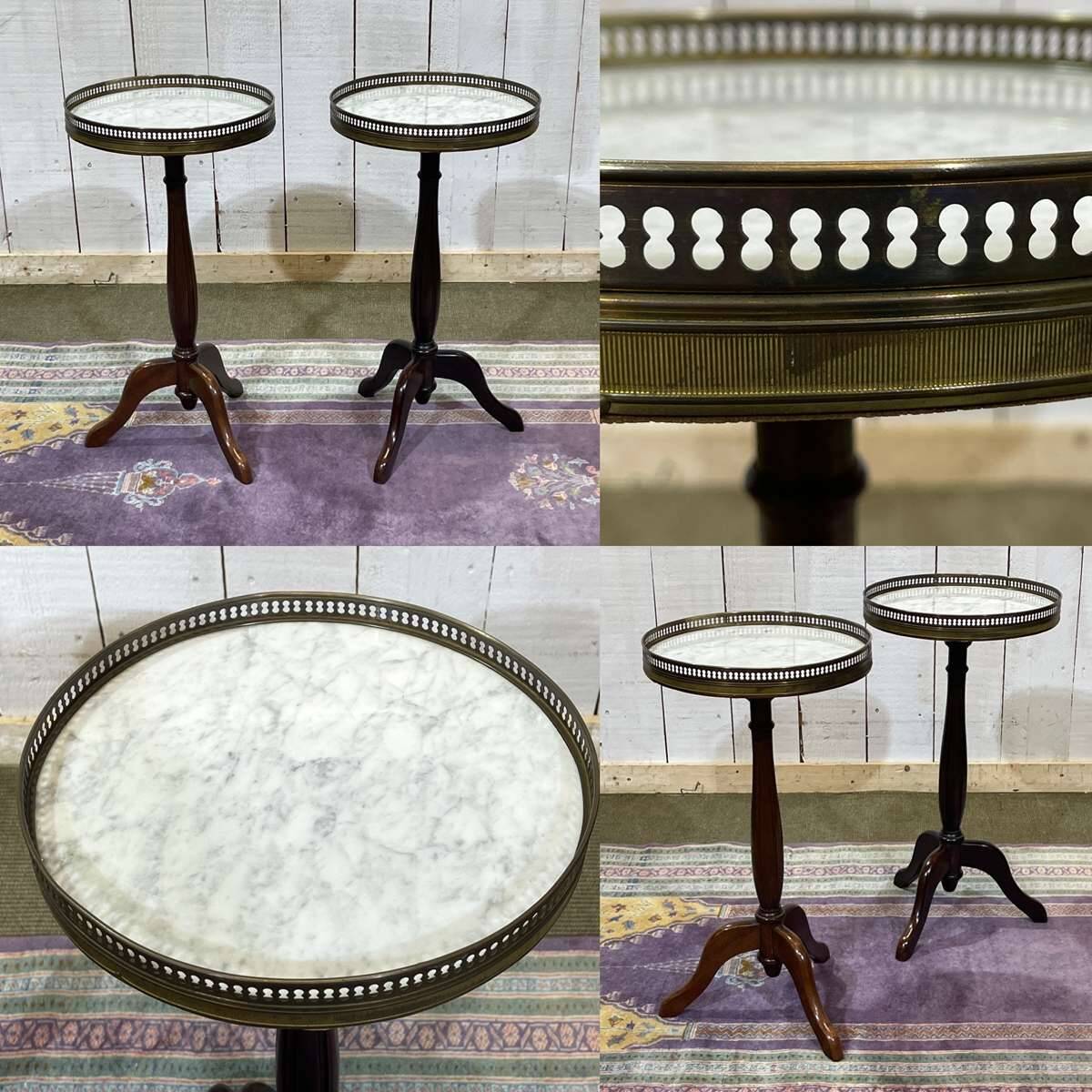 Pair of Louis XVI style mahogany side tables with marble tops