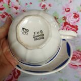 Ancient cup and saucer K-G Luneville - Geometric blue fruit stencil pattern