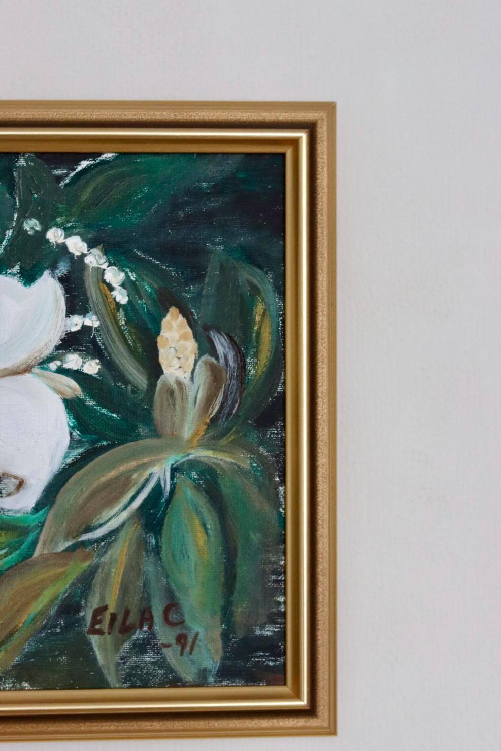 Huile sur toile « Motifs floraux » par Eila C, Suède milieu XXème