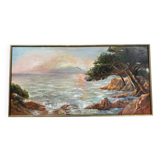 Leduc 20th century: huge painting Mediterranean view oil on canvas