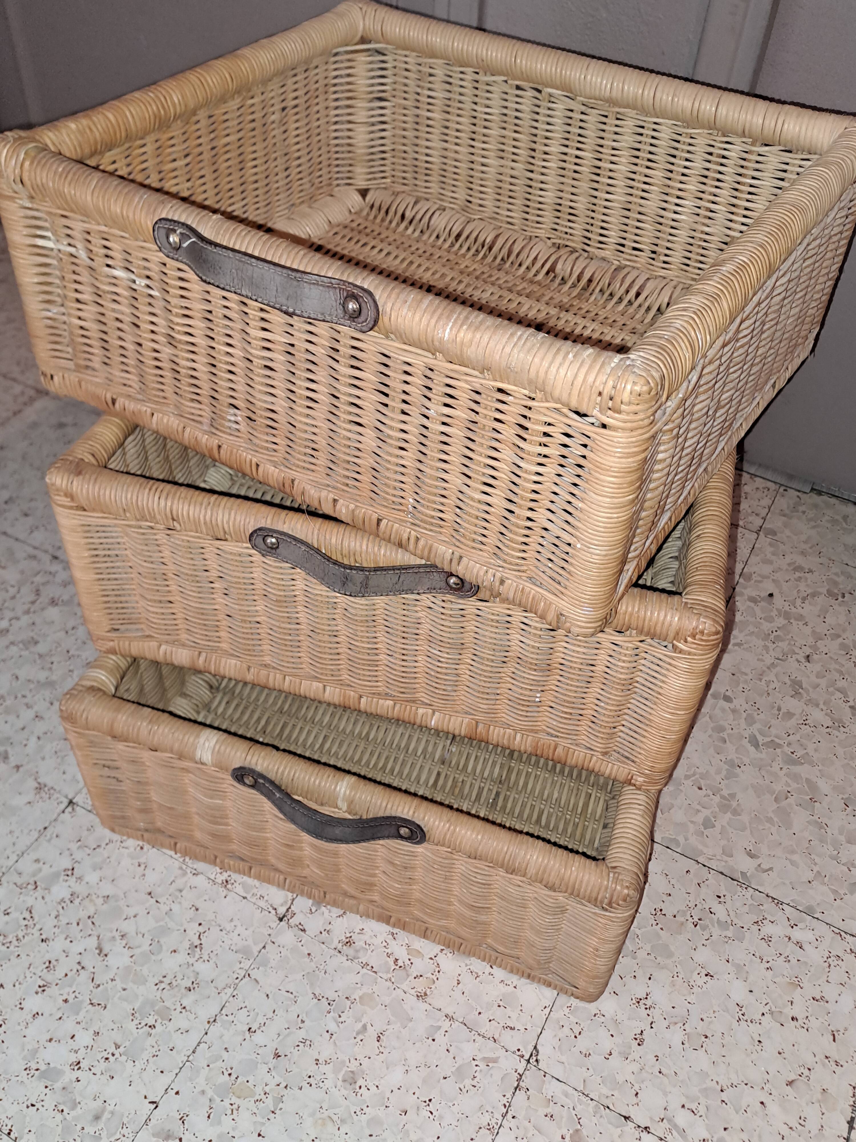 Wooden and wicker storage unit France 1980 / in dark brown repainted wood and 3 wicker drawers