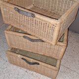 Wooden and wicker storage unit France 1980 / in dark brown repainted wood and 3 wicker drawers