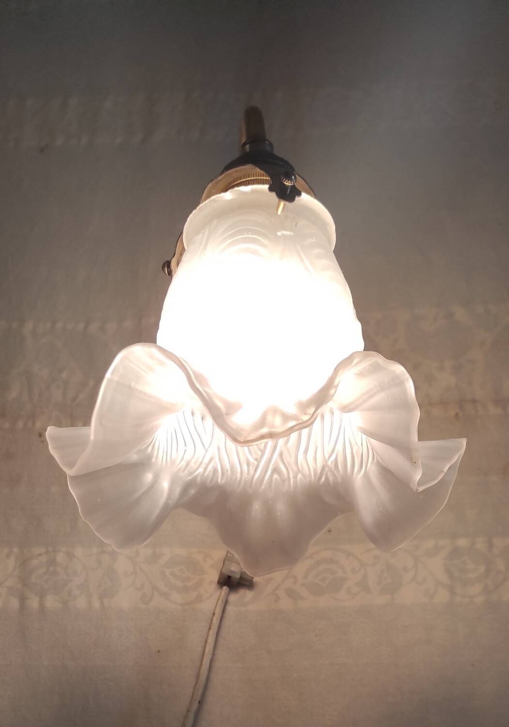 Swan neck wall light in brass, porcelain and glass - mid 20th century
