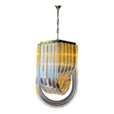 Long mid-century curved Lucite ribbon chandelier in brass, Italy