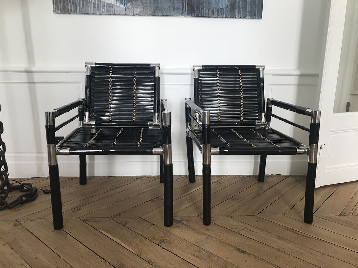 PAIR OF BAMBOO AND CHROME ARMCHAIRS, 1970's