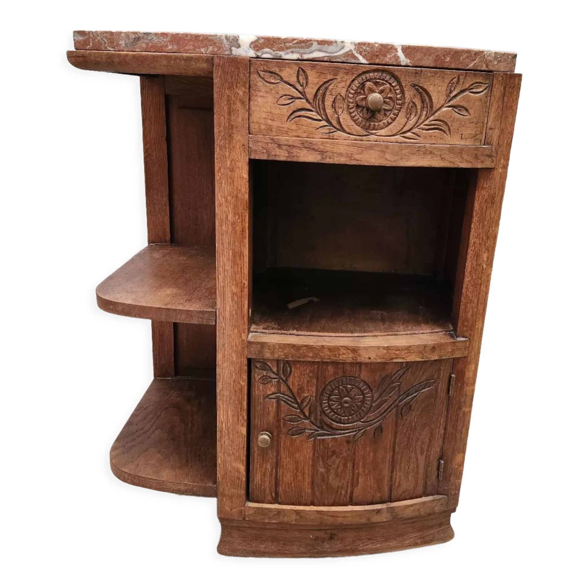 Old bedside table in wood and marble