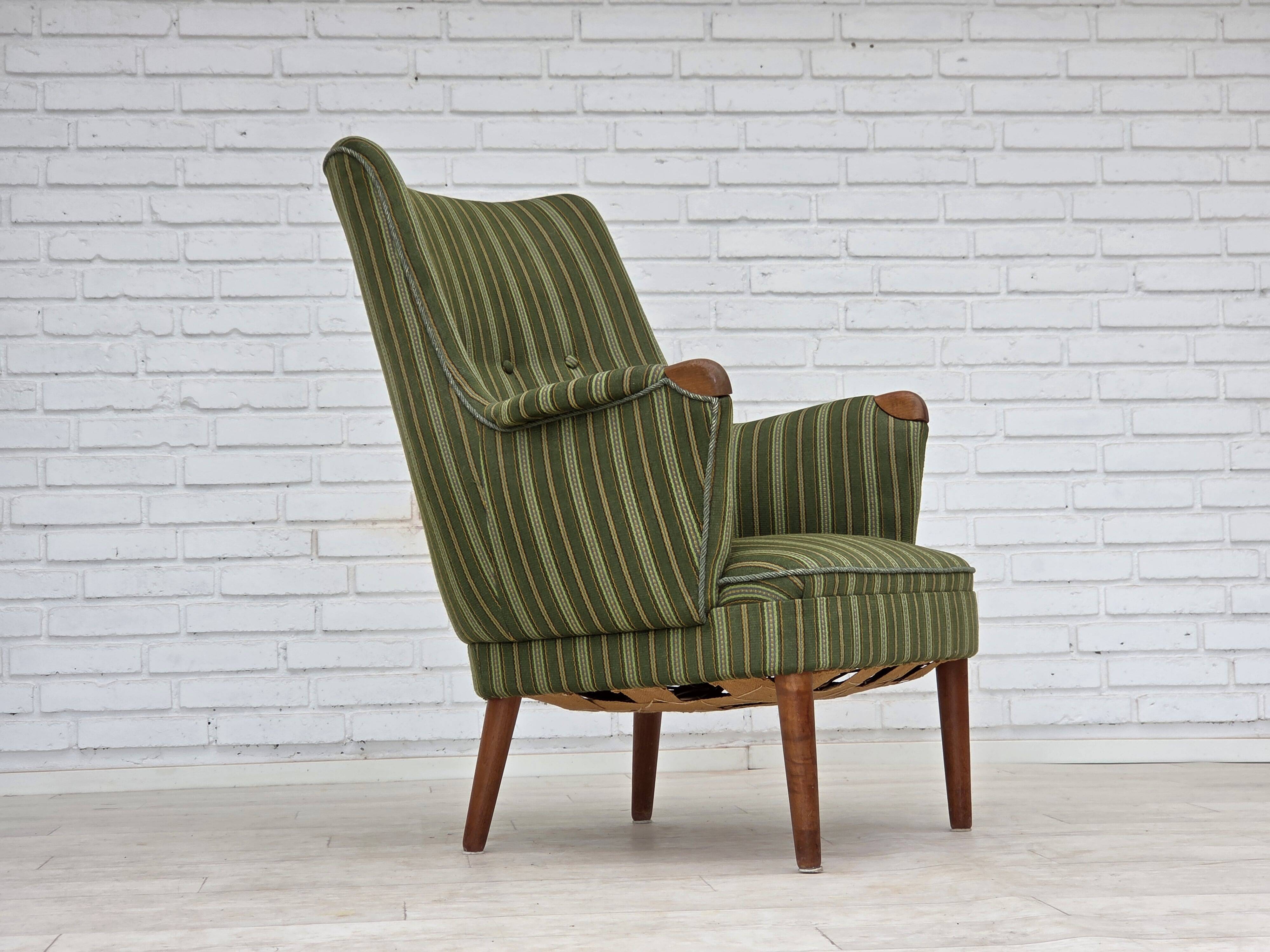 1960s, Danish armchair, green furniture wool, teak wood.