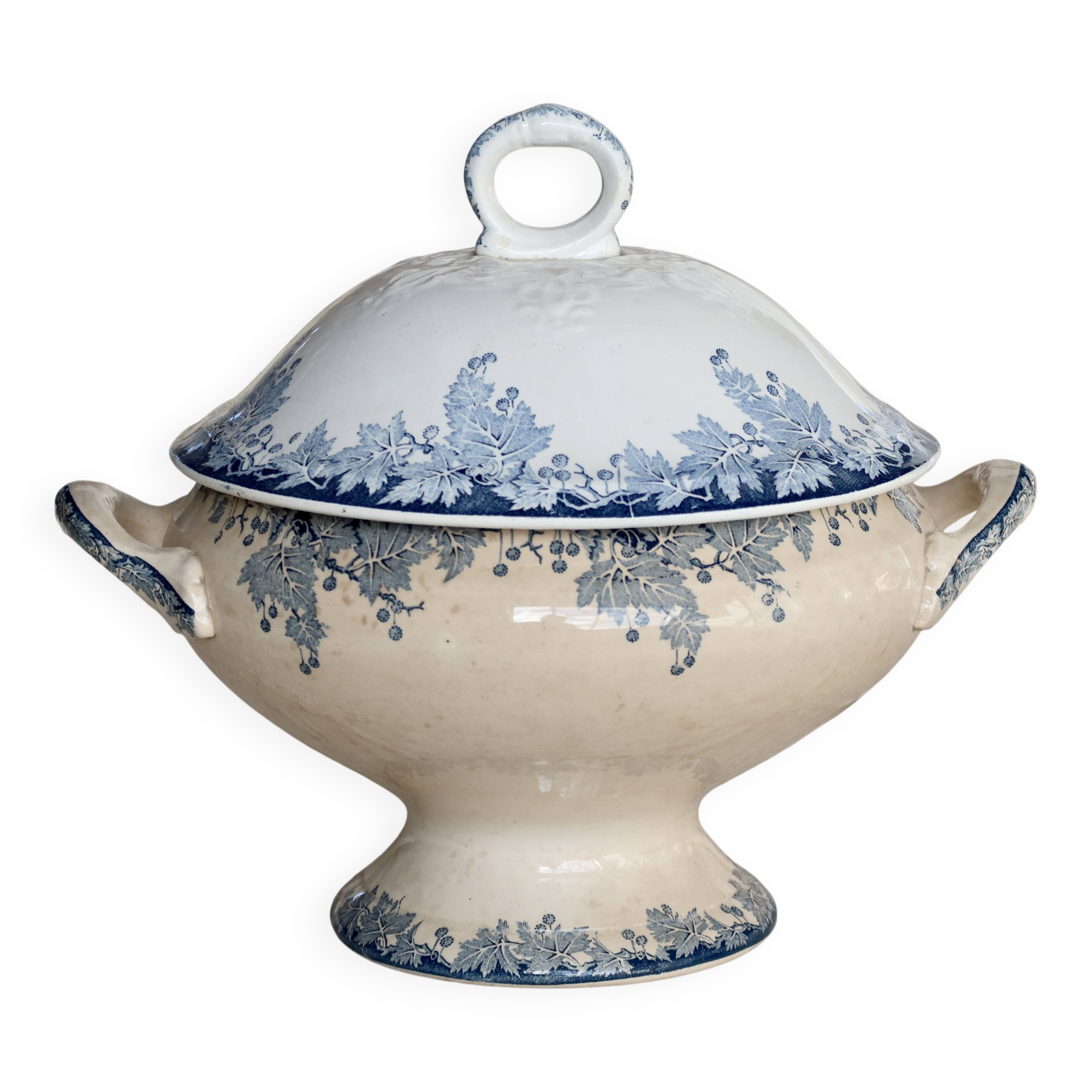 Vintage soup tureen, ironstone, Saint Amand Hamage Nord, Platane blue model.