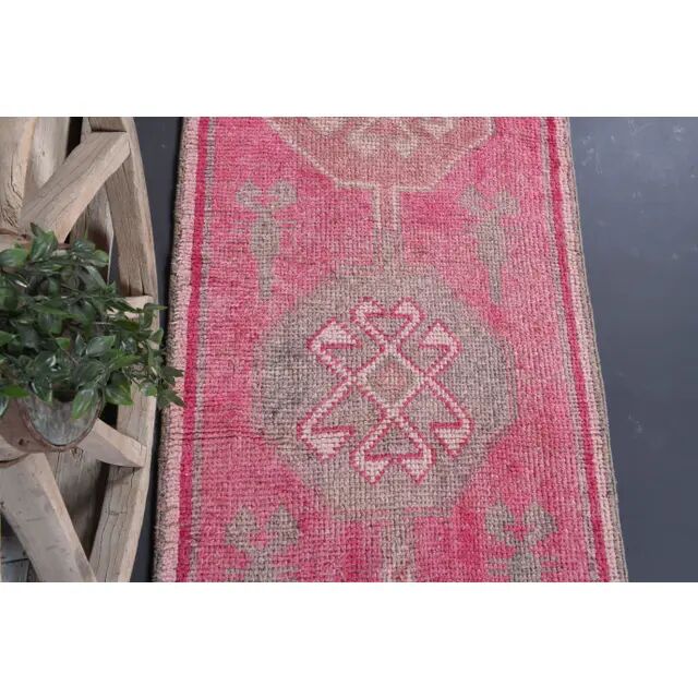 Vintage Turkish Oushak Handmade Wool Cotton Pink Runner Rug 86x306