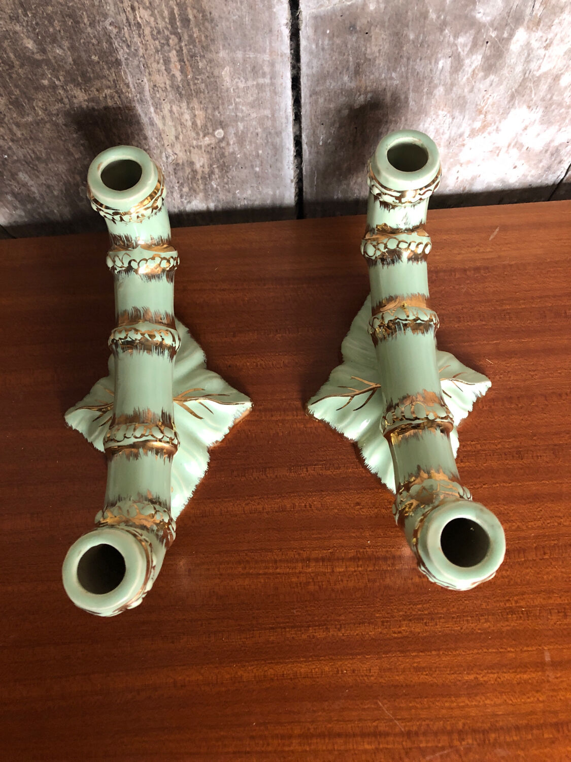 Old pair of double ceramic candlesticks green & gold vintage #A270